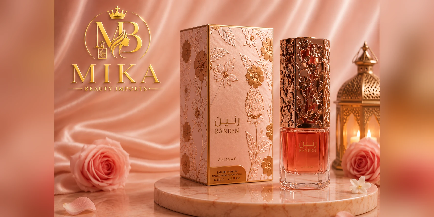 Râneen, da Asdaaf — eau de parfum árabe em frasco floral trabalhado, 80 ml.